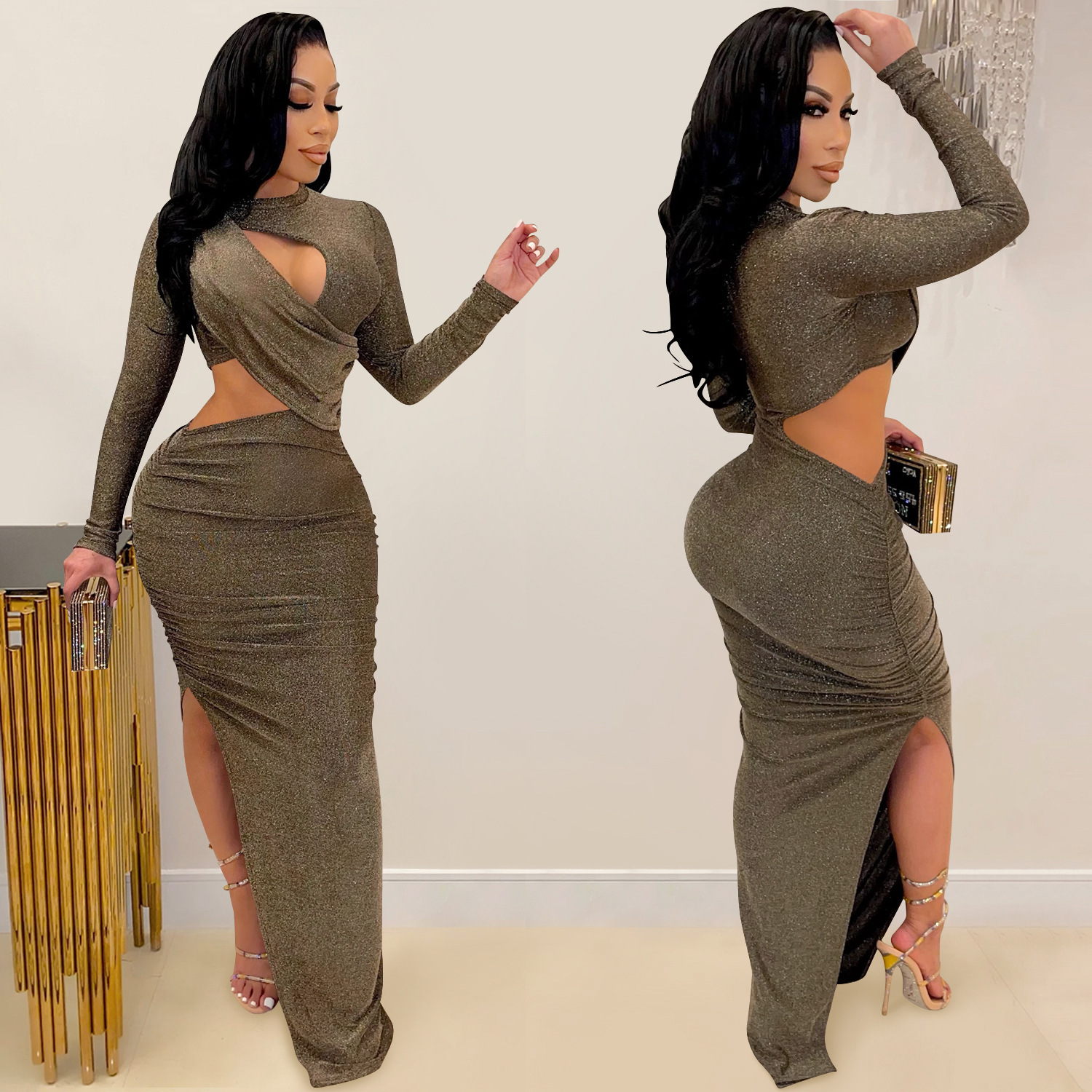 C5550 verano nuevo estilo europeo y americano Amazon moda transfronteriza manga larga sexy hueco vestido de mujer image 4