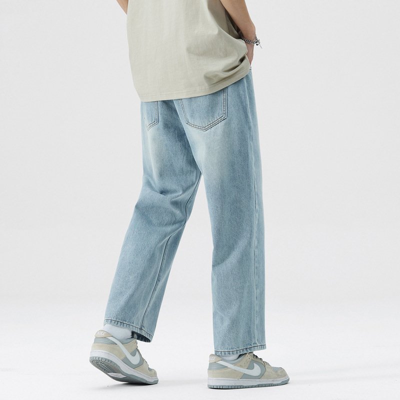 Men's Cropped Jeans, Spring Style, Straight Loose Fit, Trendy Men's Spring Wear, Drapey Wide-Leg Casual Pants Men's Cropped Jeans, Spring Style, Straight Loose Fit, Trendy Men's Spring Wear, Drapey Wide-Leg Casual Pants
