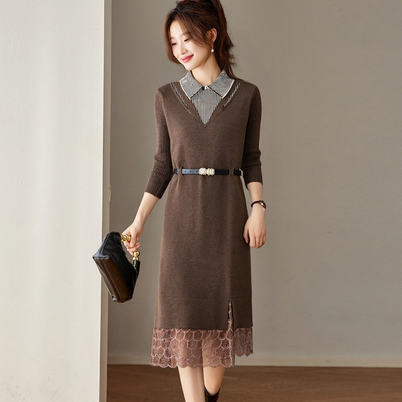 Nice-Looking Polo Collar Knitted Dress for Women, Autumn and Winter Fake Two-Piece Waist-Tie Mid-Length Sweater Bottoming Skirt Thick
