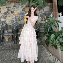 夏季新款2025度假风碎花不规则多层摆雪纺裙收腰显瘦短袖连衣裙子