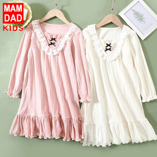 Women's New Long-sleeved Nightgown Home Clothes Similar to Lace Princess Style Girl's Pajamas Cotton Parent-child Air-conditioning Clothes