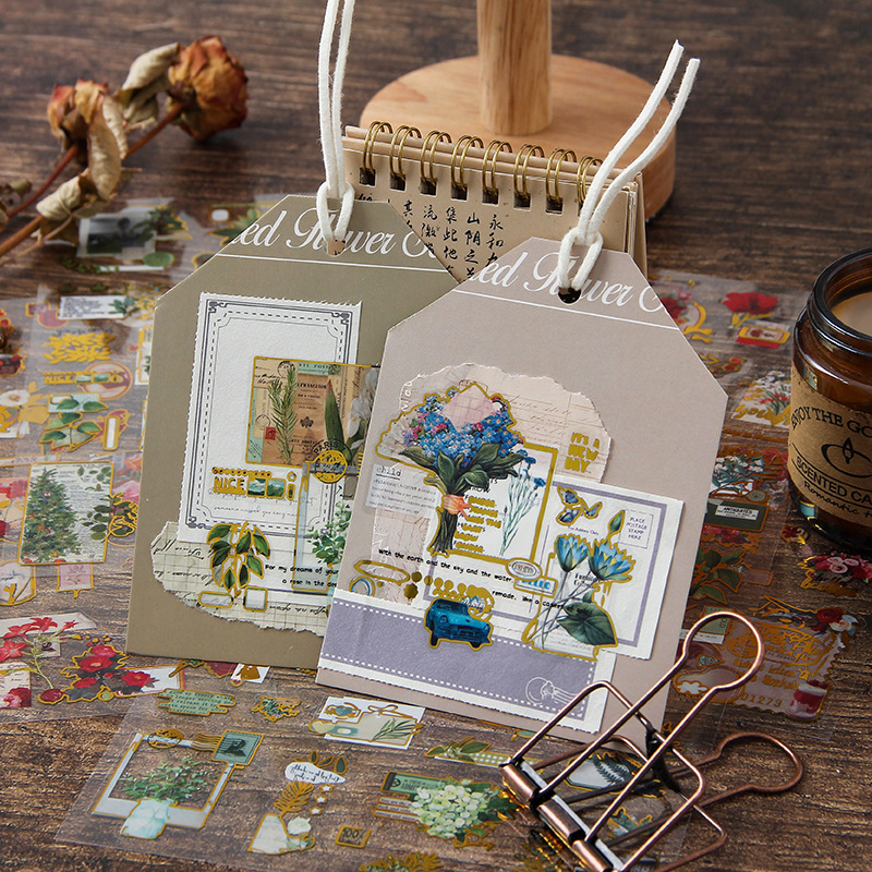 Serie de periódicos transparentes impermeables pegatinas de mascotas DIY decoración de cuentas pegatinas florales retro pegatinas de estampado de plantas