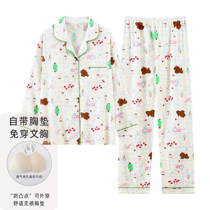 Nube de algodón pijama de primavera y otoño dulce dibujos animados con cojín de pecho cardigan de manga larga pantalones largos dos piezas de ropa de hogar