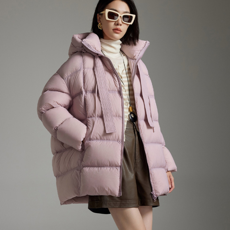 95 Yanduck down Jacket Mid-Length High-End Women's Warm Removable Hooded Lace-Up Loose Jacket 25 New Style
