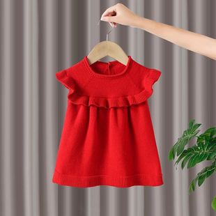 2022 Spring and Autumn New Korean style knitted skirt vest solid color spring and autumn children princess dress baby girl dress