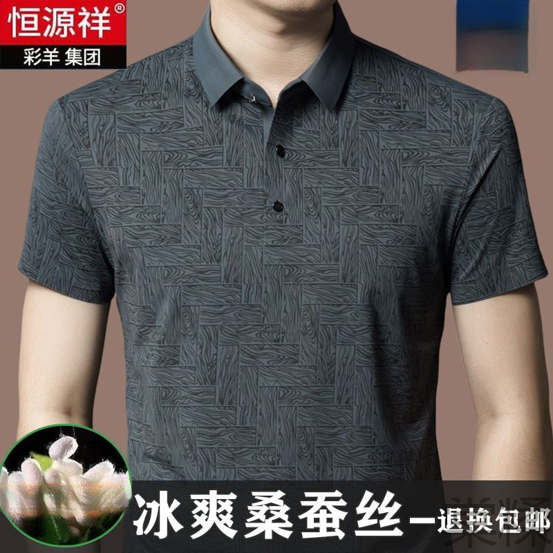 Hengyuan Xiangcaiyang ハイエンドマルベリーシルクメンズ夏半袖 Tシャツ中年ラペルアイスシルクカジュアルポロシャツ薄手|undefined