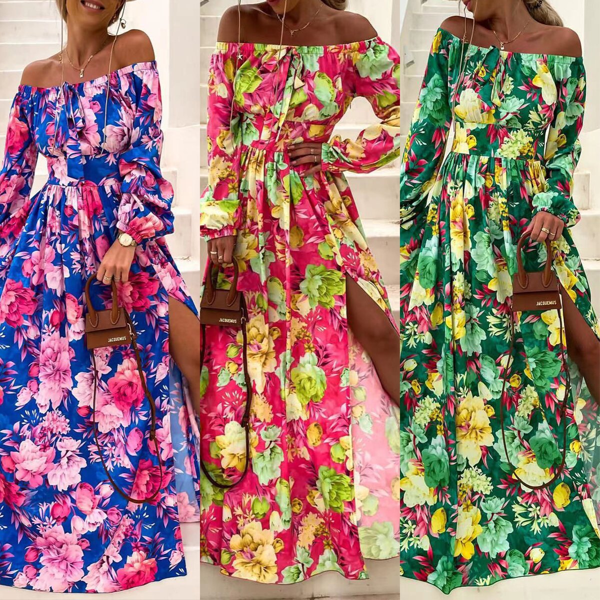 Vestido veraniego europeo y americano estilo bohemio de vacaciones 2025, con hombros descubiertos, acampanado, sexy y estampado.