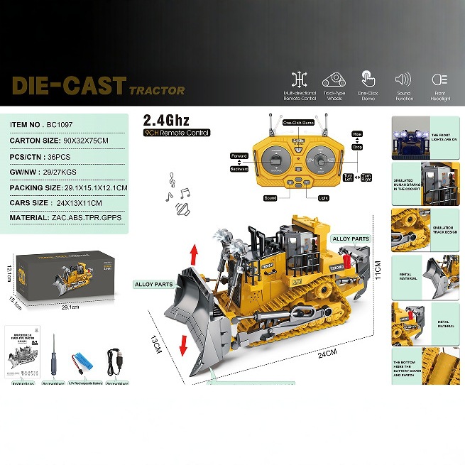 Ventas transfronterizas de ingeniería de carga caliente 2.4G aleación motocicleta bulldozer coche de control remoto Amazon juguetes de sonido y luz para niños