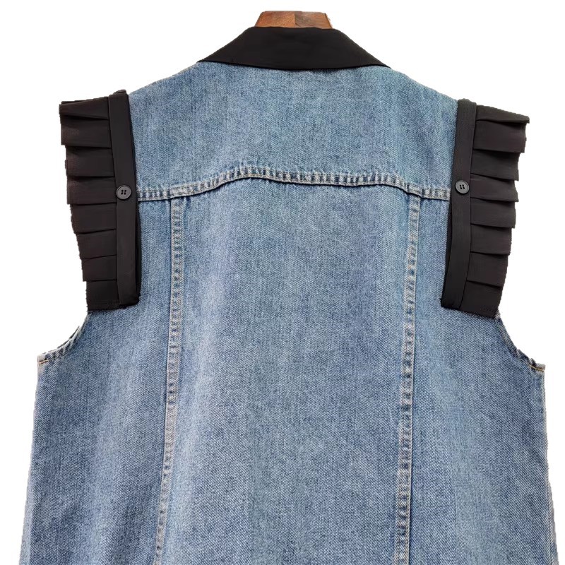 Trajes europeos cuello de empalme vaquero 2025 primavera y verano nuevo plegado borde de lótus diseño de contraste de color versión suelta clip de caballo image 4