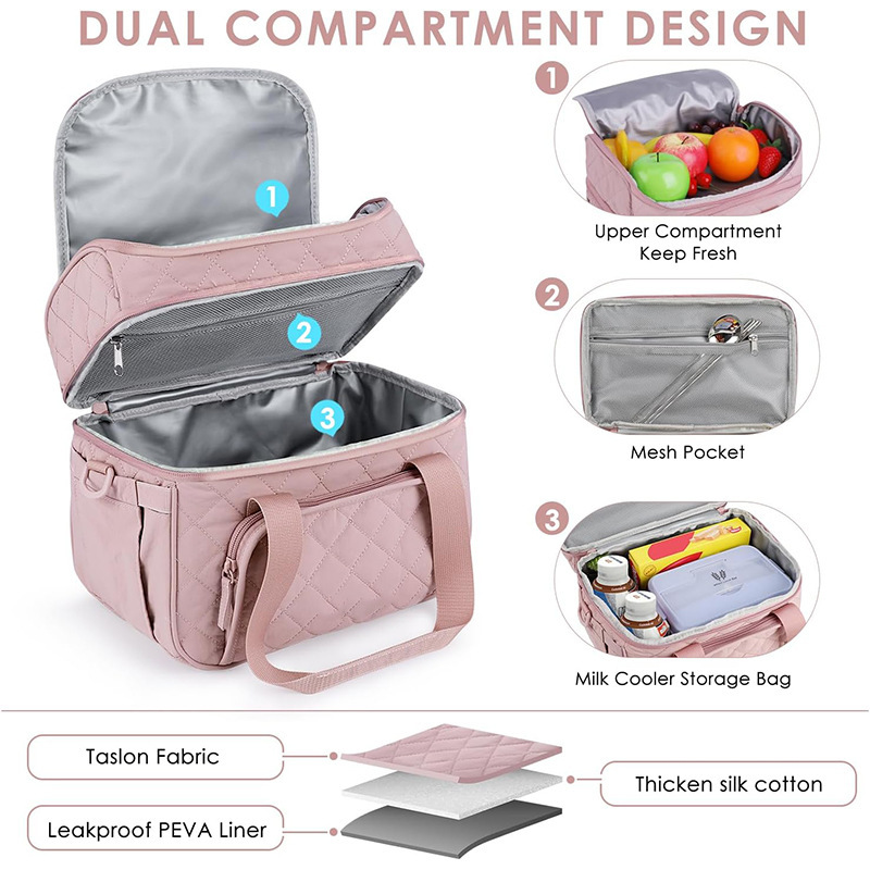 Bolsa de almuerzo de mujer, caja de almuerzo aislante de doble capa, bolsa de almuerzo refrigerada a prueba de fugas con correa de hombro ajustable, bolsa de almuerzo refrigerada