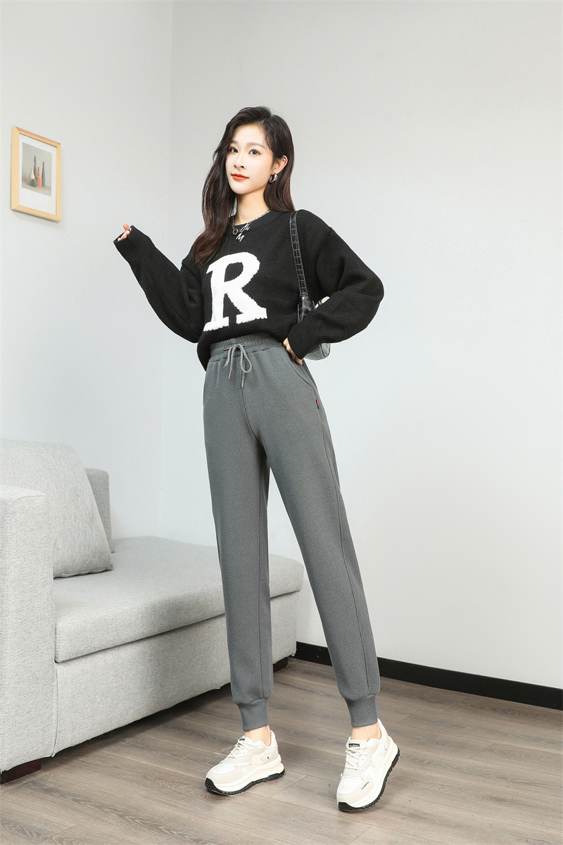 法米姿 羊羔绒运动加绒裤女新款加厚卫裤高腰显瘦束脚休闲裤哈伦