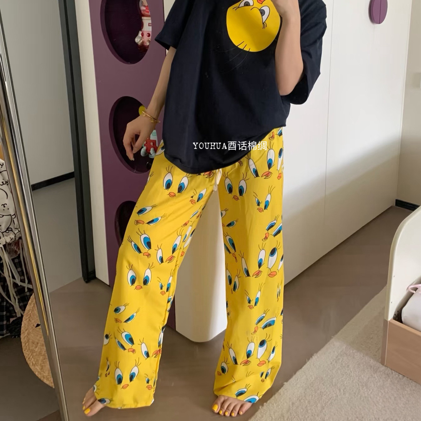 Pantalones de pijama de seda de algodón Pantalones de pierna ancha de seda de algodón fino para mujer