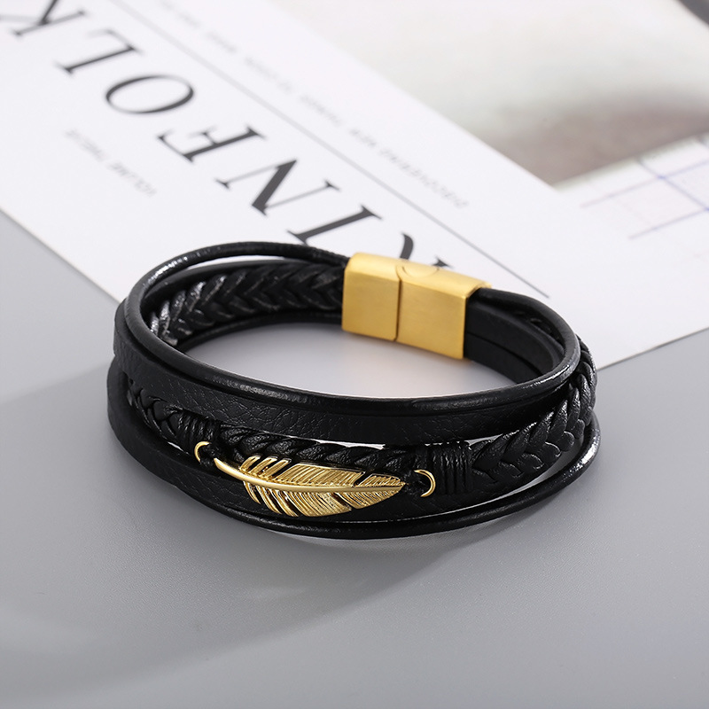 1 Piece Fashion Feather Stainless Steel Leather Patchwork Menu0027S Bangle