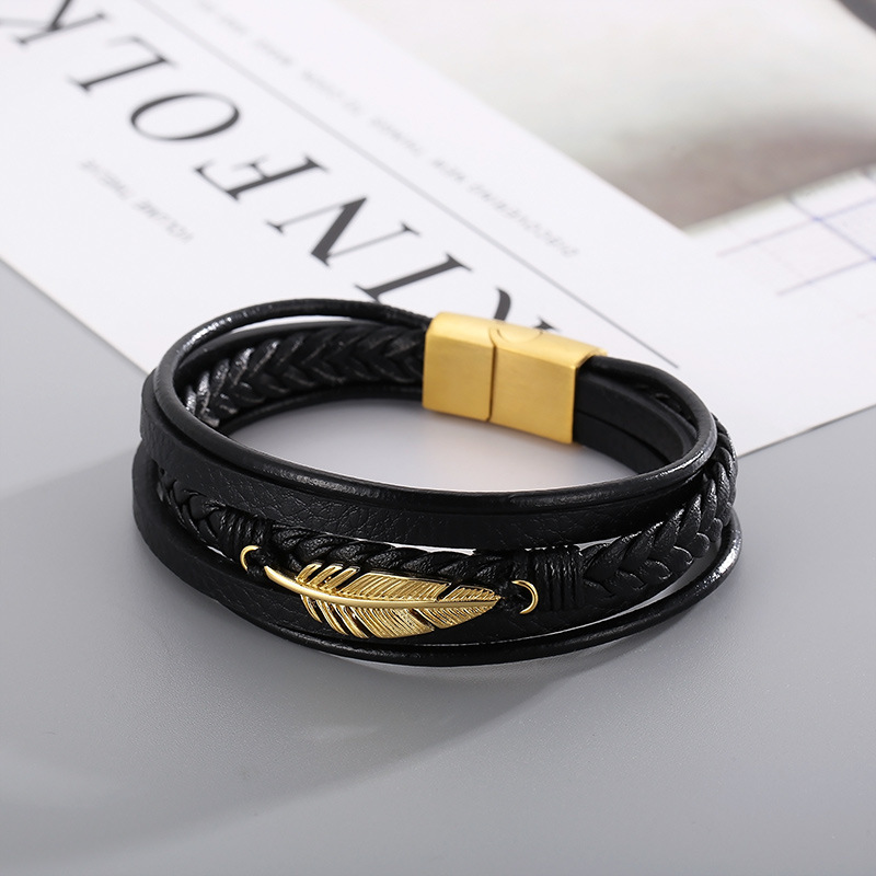 1 Piece Fashion Feather Stainless Steel Leather Patchwork Men's Bangle display picture 1