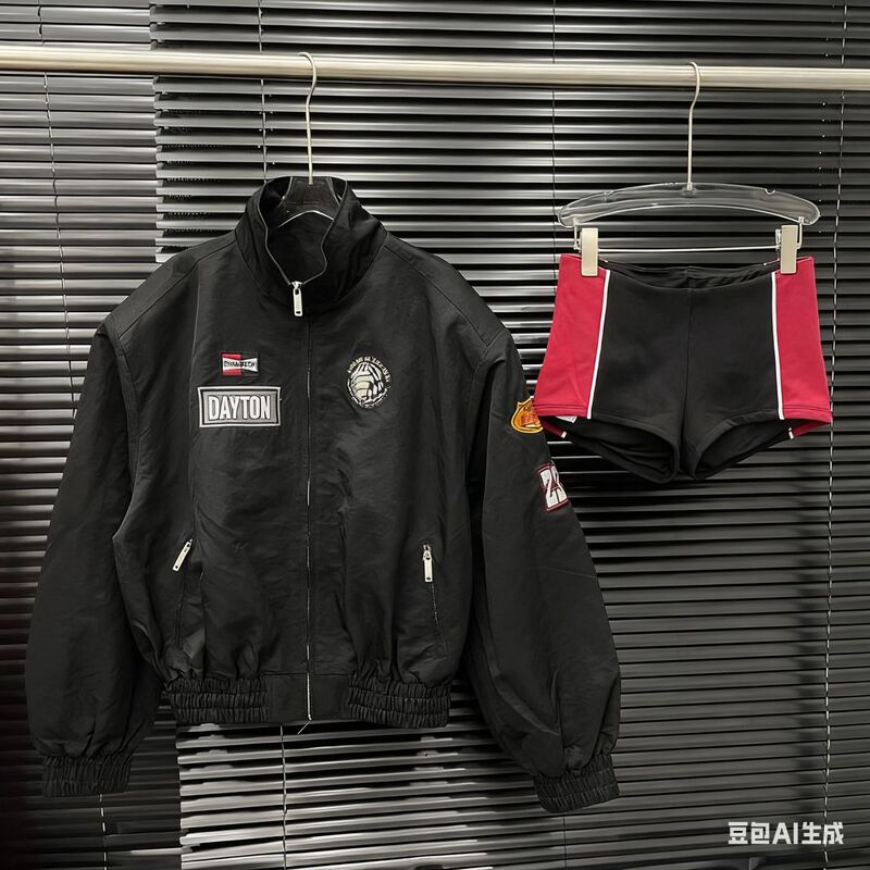 2025新款女装棒球服时尚套装女美式复古刺绣外套+短裤两件套1|undefined