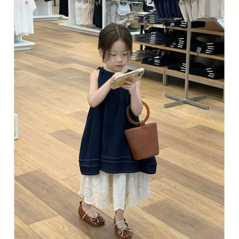 韩版女童连衣裙套装2025童装夏季时髦儿童洋气复古背心裙半身长裙