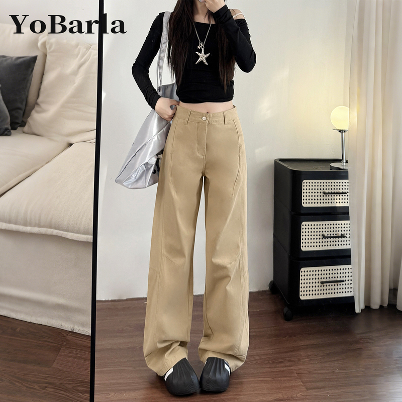 Women's Jeans for Autumn, Plus-Size, Loose Fit, Pear-Shaped Body, Slimming, Drapey Straight-Leg Jeans, Khaki Wide-Leg Pants