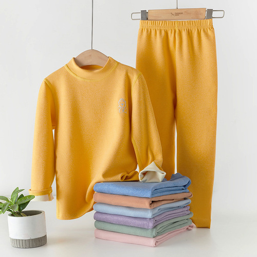 Children's double-sided fleece lined warm innerwear set, no bone crew neck long johns for young children