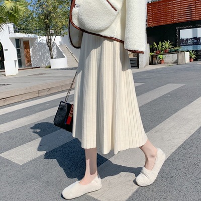 针织半身裙女秋冬2024新款韩版中长款高腰百搭A字百褶长裙子冬裙
