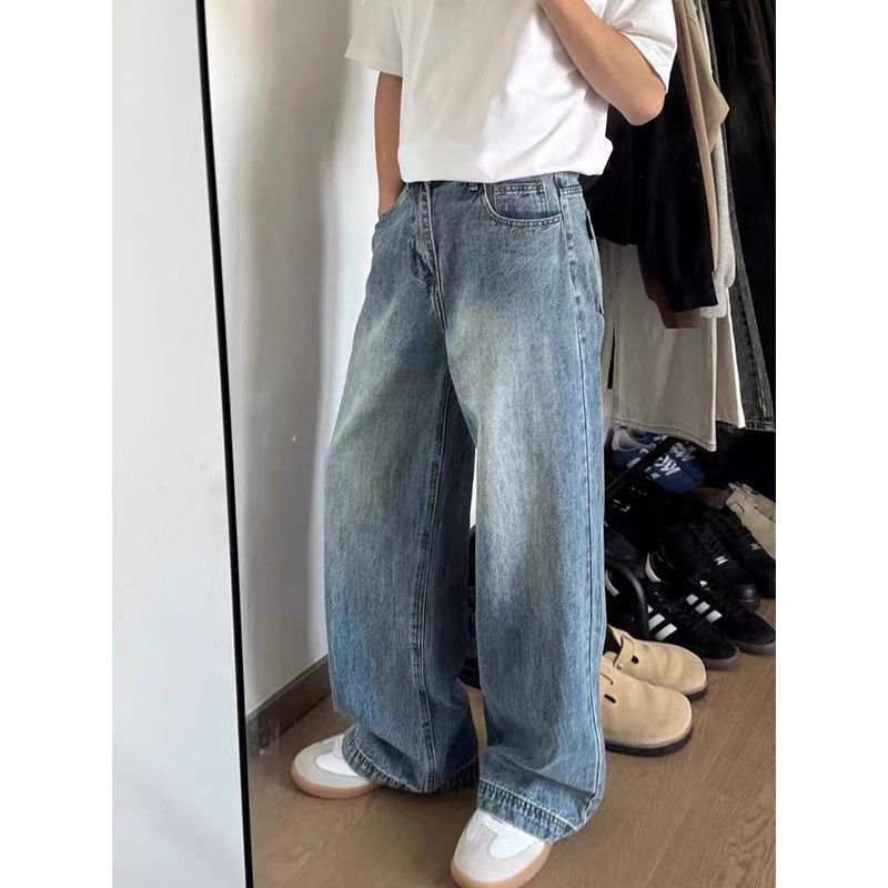 Ice Blue Wide-Leg Jeans for Men, Autumn American High Street Style, Washed Loose Trendy Casual Straight Pants, In-Stock Long Pants