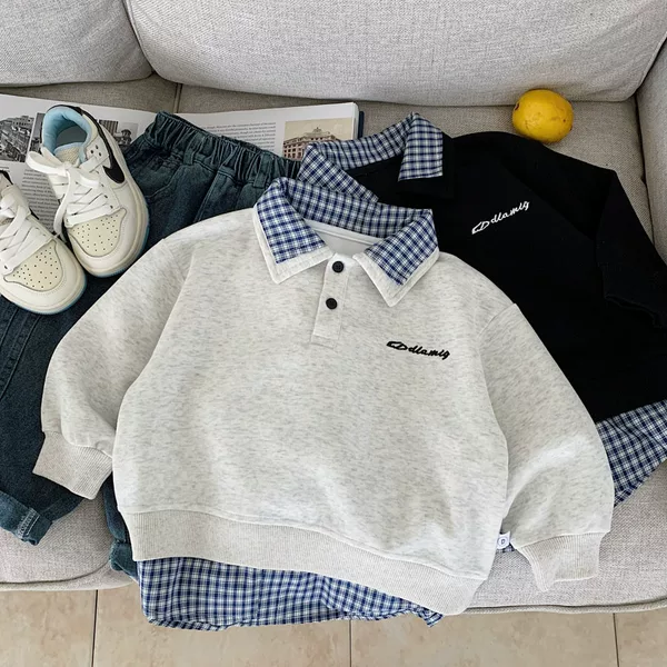 Boys' Casual Sweatshirt 2025 Autumn New Children's Fake Two-Piece Double-Collar Fashion Personality Top Versatile Polo Shirt