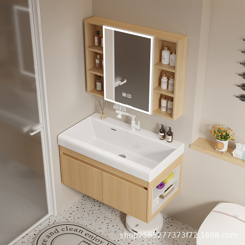 Bathroom Cabinet in Natural Wood Color with Side Cabinets, 40cm Wide Integrated Ceramic Basin, Wall-Mounted Washbasin, Smart Mirror Cabinet