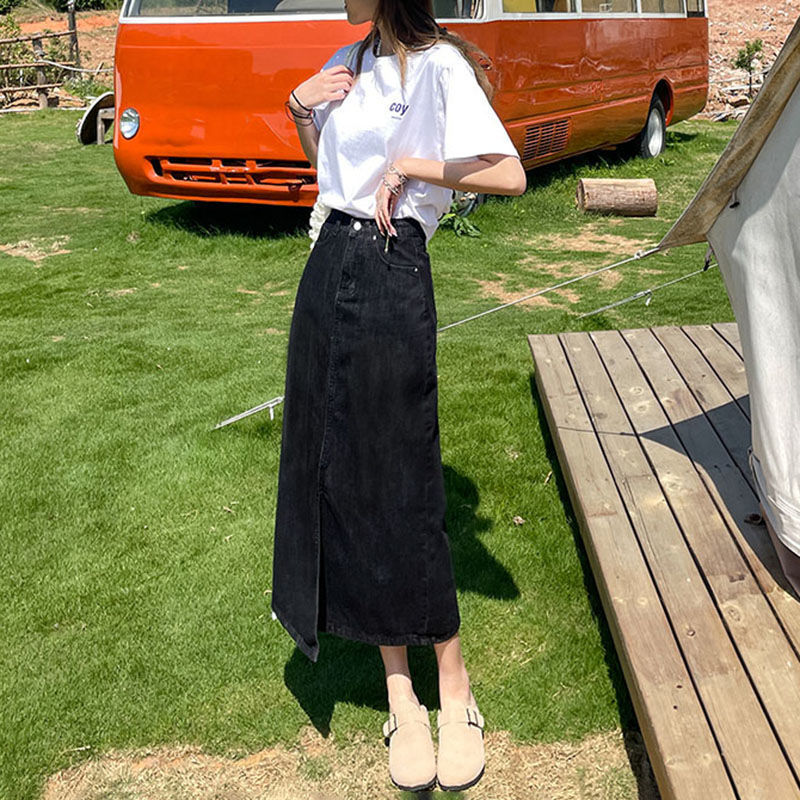Black Slit Denim Skirt for Women, Medium Length, Spring and Summer Wear, 2025 New Design Niche Denim Skirt for Women