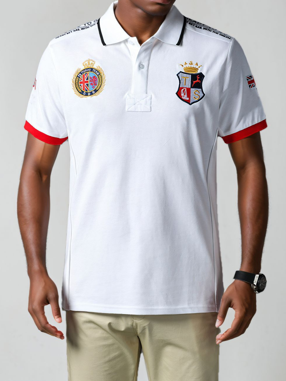 Short-sleeved polo shirt men's white British sports British royal leisure cotton cross-border trade plus size white embroidery