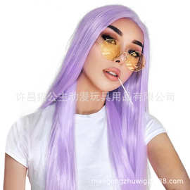厂家现货批发 跨境货源 欧美假发粉紫色中分长直发 女士化纤头套