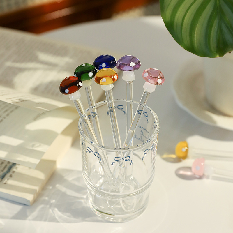 New Cute Three-Dimensional Mushroom Glass Spoon Set Coffee Milk Stirring Spoon Long Handle Round Spoon Glass Colorful Spoon New Cute Three-Dimensional Mushroom Glass Spoon Set Coffee Milk Stirring Spoon Long Handle Round Spoon Glass Colorful Spoon
