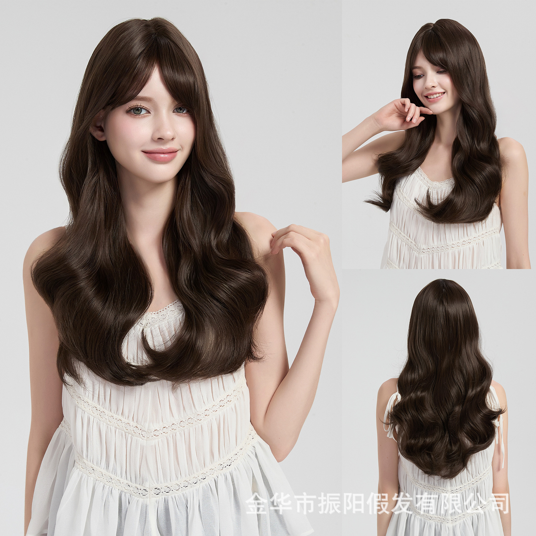 Linen Brown Long Curly Hair Wig with Air Bangs, Large Waves, Full Head Cover, Realistic Hair Strands, Fluffy and Natural, Daily Wig