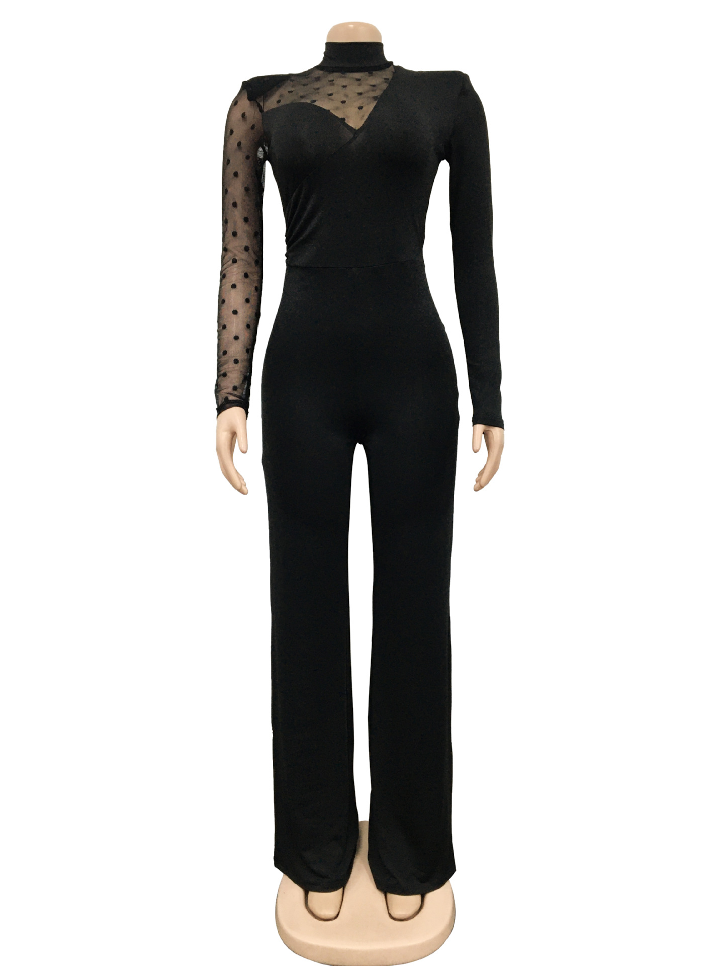 Women's Clothing fashion women's polka dot mesh see-through long-sleeved trousers solid color jumpsuit_voghion.com