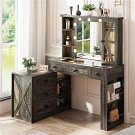 跨境亚马逊复古LED梳妆台化妆镜灯光储物柜电源插座抽屉自由摆放