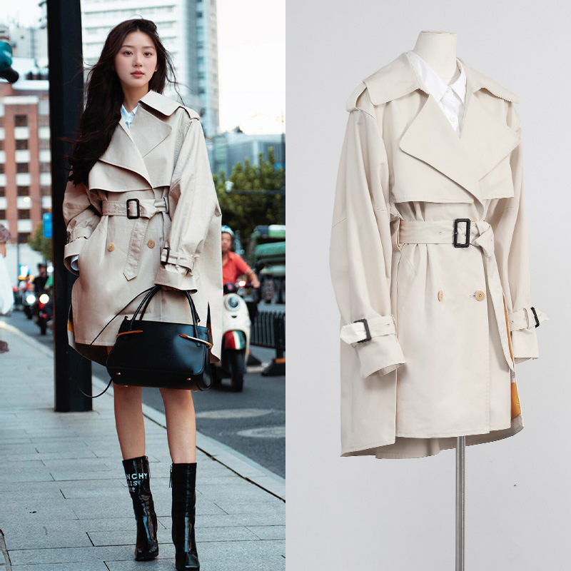 [in Stock] Zhang Ruonan's Same Style Loose-Fitting Waist-Cinching British-Style Mid-Length Khaki Trench Coat with a Turn-Down Collar for Women