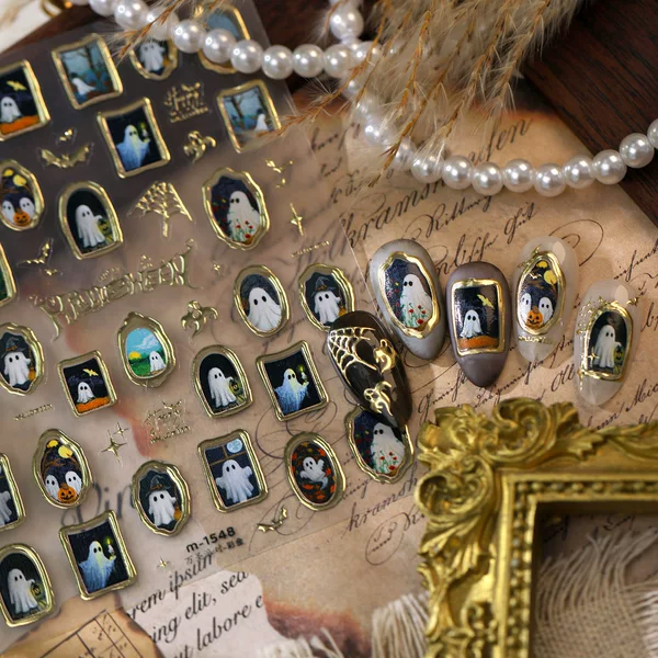 TENSOR Vintage Photo Frame Little Ghost Halloween Nail Art Stickers M1548 Gold Sweet Cool Dark Style Nail Stickers