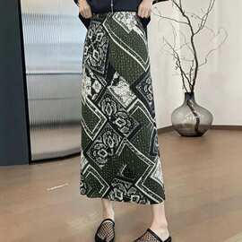 褶家复古民族印花半身裙女夏季薄款高腰小个子显瘦百搭直筒半身裙