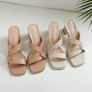 Fuhao High-Heeled Sandals for Women with Thick Heels 2023 Summer New Cross-Strap Sandals and Slippers, Fashionable, Simple and Versatile Shoes
