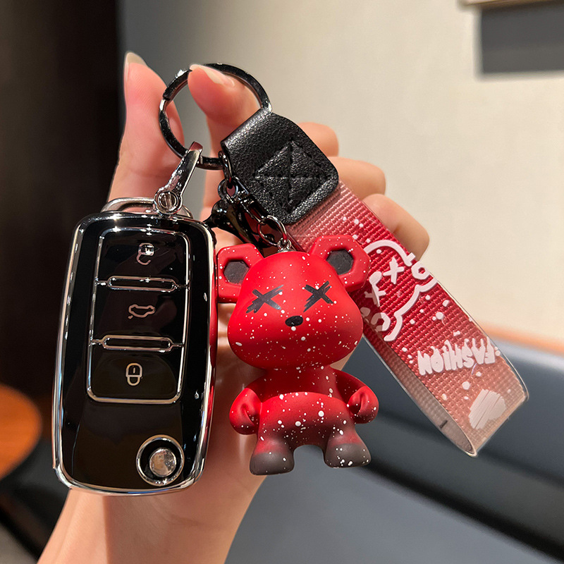 Skoda A-접이식 3 키 [싱글 쉘 블랙] + 레드 폭력 곰 펜던트