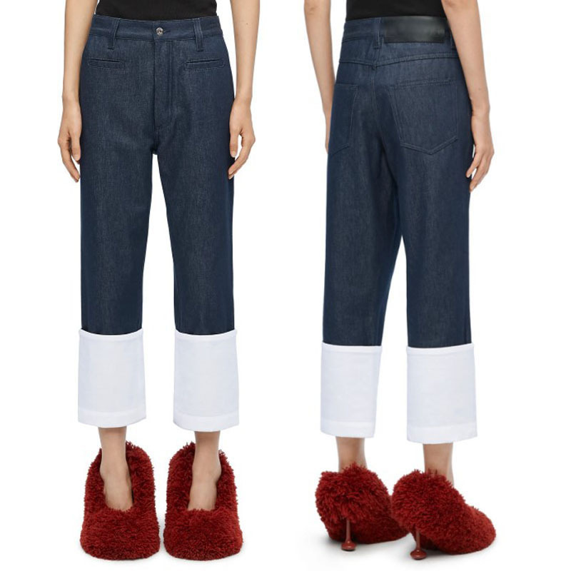 Actual Shot of the Main Recommended Model Loe Leather Label Lettered Hem Spliced ​​Jeans Super Versatile Casual Straight Denim Nine-Point Pants