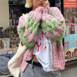 秋冬休闲2025女装新品亚马逊提花针织开衫毛衣撞色女士外套