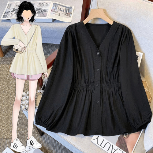 Design for Plus Size Women - Autumn Youthful, 2025 Slimming, Waist-Tightening Early Autumn Shirt Top, Loose Long Sleeve