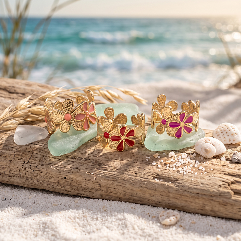 Ana Europa y América transfronterizos de acero inoxidable dopamina anillo de flores de color mar abierto vacaciones ajustable lote de joyería