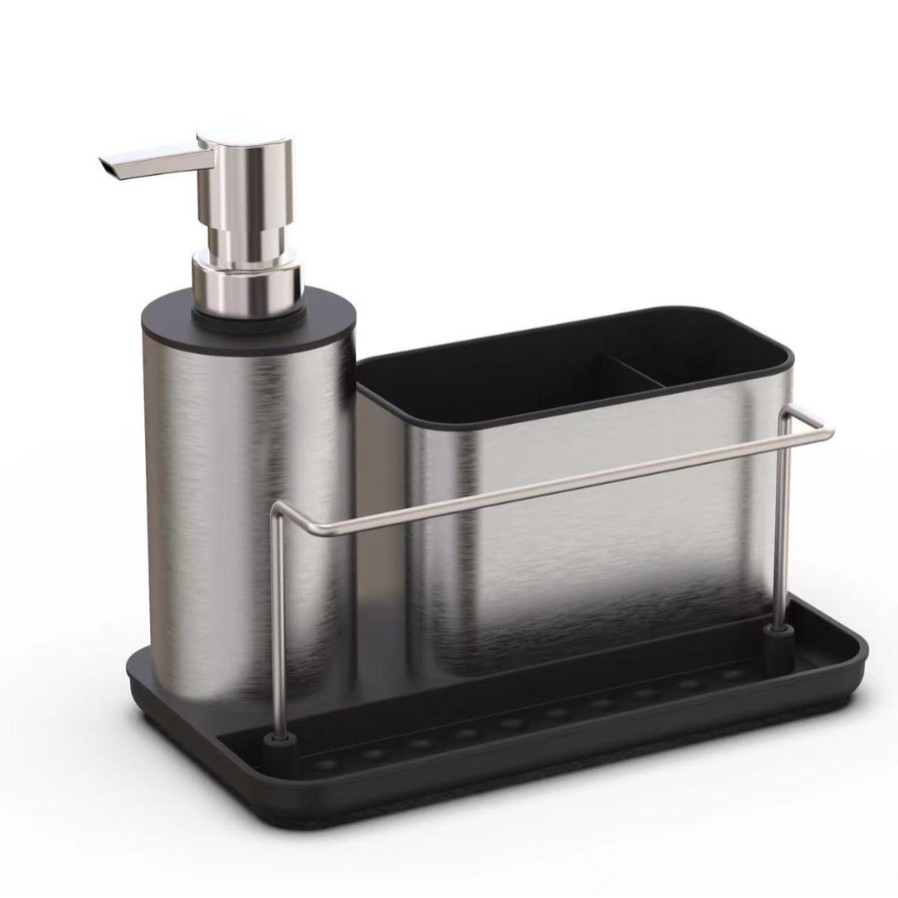 Set de limpieza de fregadero de botella de líquido de cocina de acero inoxidable tres en uno con barra de toalla, estante de almacenamiento de cepillo de disco, jabón líquido