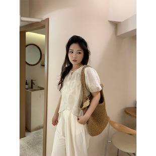 plus size Women's Cotton Linen Jacquard Short-sleeved Shirt with Short Front and Long Back Chic Top Bubble Sleeve Shirt Dark Pattern Shirt