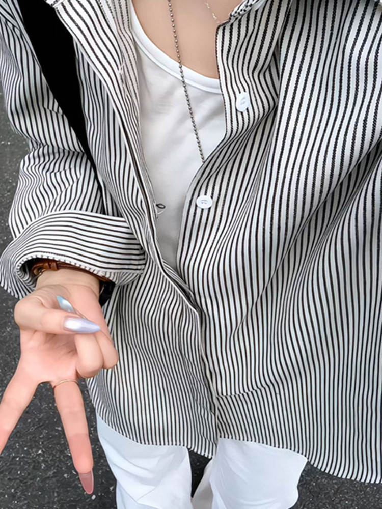 Camicia a righe stile retro americano per uomo maniche lunghe_voghion.com
