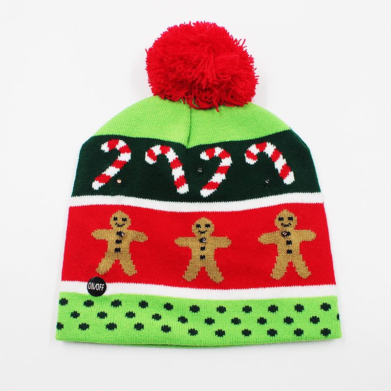 Fabricante transfronterizo de gorros navideños europeos y americanos tejidos en jacquard, gorros navideños de lana con luces LED, gorros navideños con pompón y bufandas. image 37
