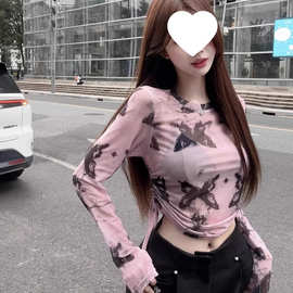 美式设计感抽绳腰长袖T恤女夏季甜辣妹印花防晒衣网纱短衣图片色
