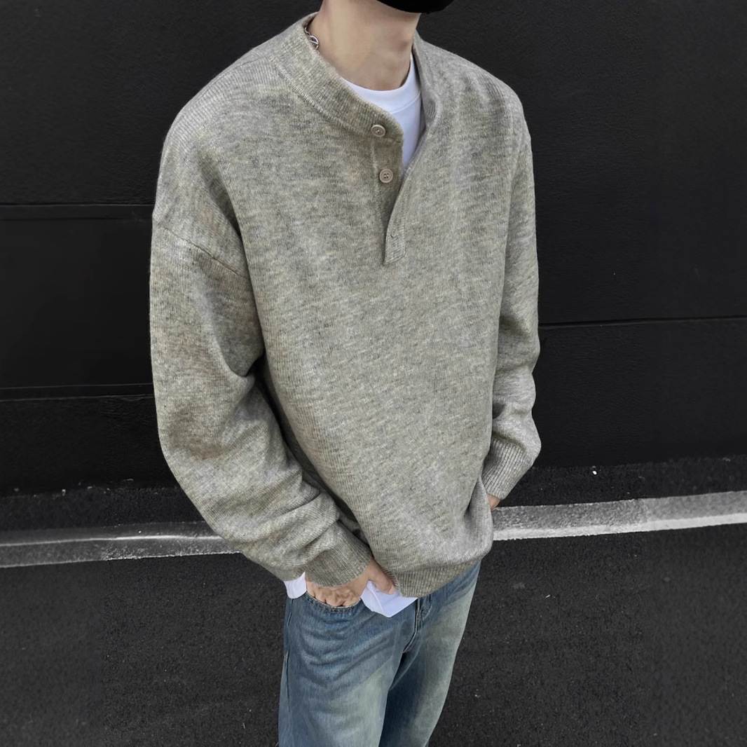 미국 스타일 잘생긴 헨리 칼라 스웨터 남성 2024년 신상 가을 겨울 게으른 늙은 돈 스타일 니트 스웨터 스웨터 재킷