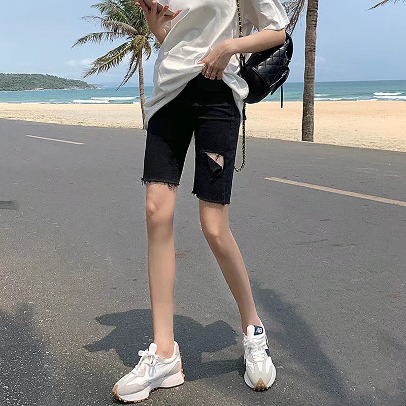 Black Denim shorts women's summer thin high waist tight riding pants slimming stretch mesh red ripped shorts