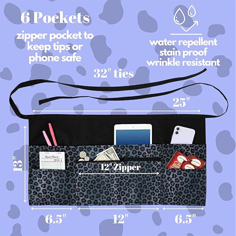 Delantal floral con estampado de leopardo transfronterizo, cremallera, bolsillo grande, encaje, falda corta ajustable, ropa de trabajo de camarero, delantal